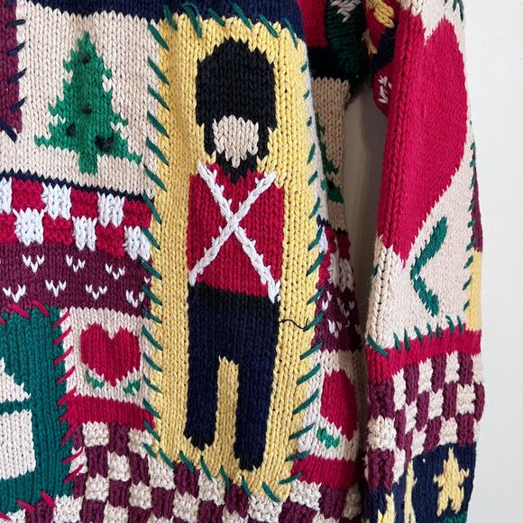 Vintage 90s The Eagles Eye Hand Knit Christmas Sweater Size M Patchwork Holiday - Picture 7 of 13